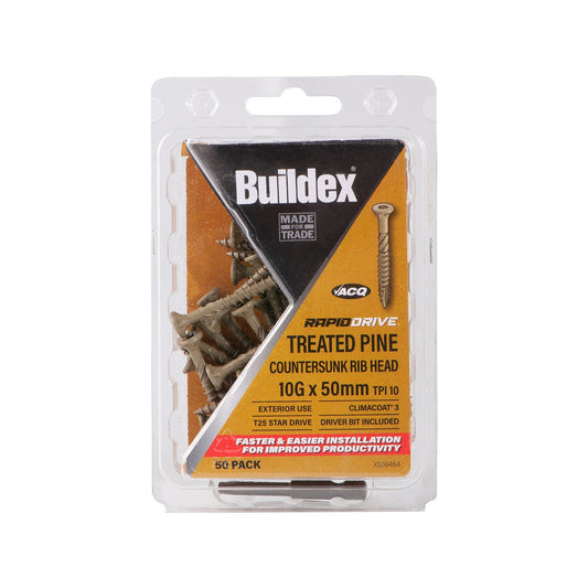 Buildex Rapiddrive Treated Pine Screws 10g x 50mm Box of 50 - Fast Bite Point - Self-Countersinking - Climacoat Finish – view 2 - Auzzistore