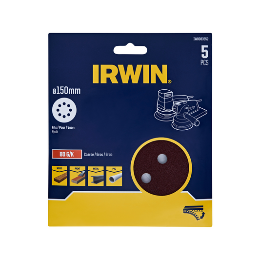 Irwin 150mm Quick Fit Random Orbital Sanding Discs 5 Pack - 80 Grit - Aluminium Oxide - Medium Stock Removal - Auzzistore