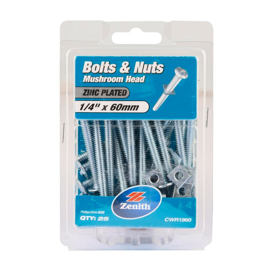 Zenith Mushroom Head Bolt - 1/4" x 60mm - Zinc Plated - 25 Pack - Auzzistore
