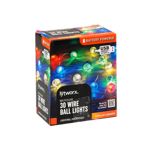 Lytworx 30 Multicolour Wire Ball Lights - 2.9m - Battery/USB Powered - Auzzistore