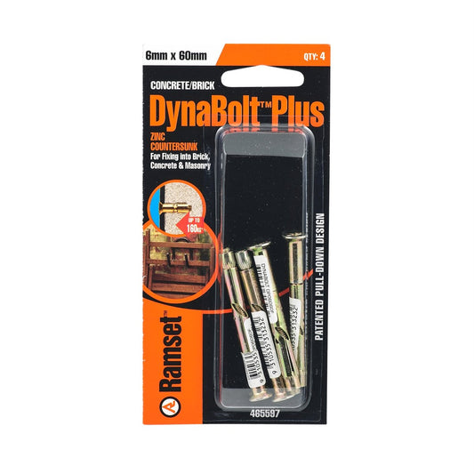 Ramset Dynabolt Plus 6 x 60mm Flat Head Bolt 4 Pack Gold Steel Security - Auzzistore