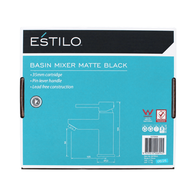 Estilo 35mm Matte Black Pin Lever Basin Mixer - Water Efficient - Modern Design