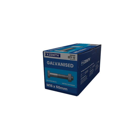 Zenith M16 Hot Dip Galvanised Hex Head Bolts and Nuts 12 Pack - 50mm - Rust Resistant - Auzzistore