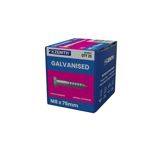 Zenith Hot Dip Galvanised Hex Head Coach Screws M8 x 75mm 25 Pack - Auzzistore