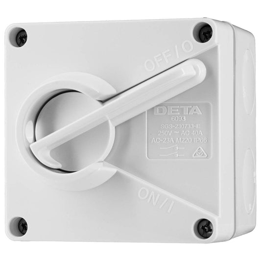 DETA IP66 Weatherproof 40A Double Pole Isolator - 85mm x 85mm x 70mm - White - Secure Disconnection - Auzzistore