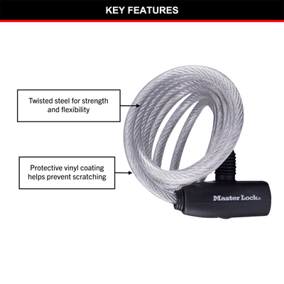 Master Lock Bike Keyed Lock - 1.8m x 8mm Braided Steel - Durable