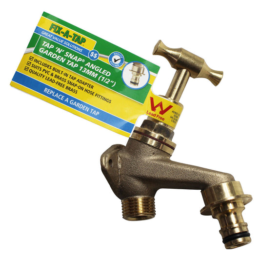 Fix a Tap 13mm Brass Lead Free T Handle Angled Garden Tap N Snap - Durable - Easy Hose Attachment