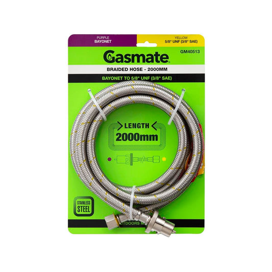 Gasmate Braided Hose 2000mm Bayonet to 5/8” UNF - Durable Gas Connection - Auzzistore