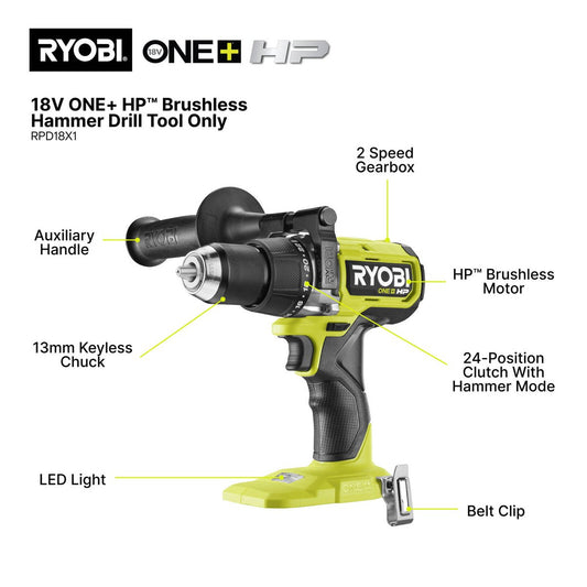 Ryobi 18V ONE+ HP Brushless High Torque Hammer Drill Tool Only - 110Nm Torque - Compact Design – view 2 - Auzzistore