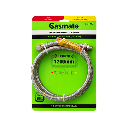 Gasmate 1200mm Braided Hose - 3/8 BSPT to 5/8 UNF - Durable Gas Connection - Auzzistore