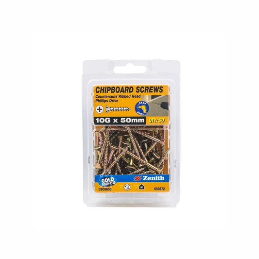 Zenith 10g x 50mm Countersunk Rib Head Chipboard Screws - 50 Pack - Gold Finish - Durable Fastening – view 2 - Auzzistore