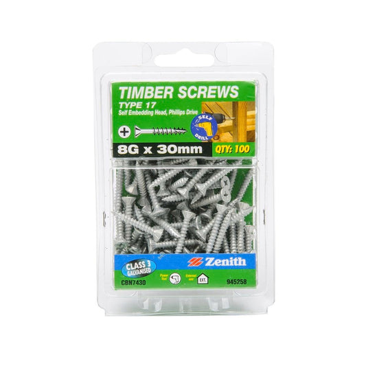 Zenith Timber Screws 8g x 30mm Galvanised Type 17 100 Pack - Auzzistore