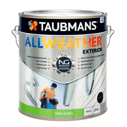 Taubmans All Weather Exterior Paint - 4L - White - Semi Gloss - Mould Resistant - Fast Drying - Auzzistore