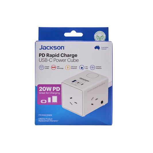 Jackson 3 Outlet Power Cube - 2 PD 20W USB-C & 1 USB-A - 1.2m Lead - White