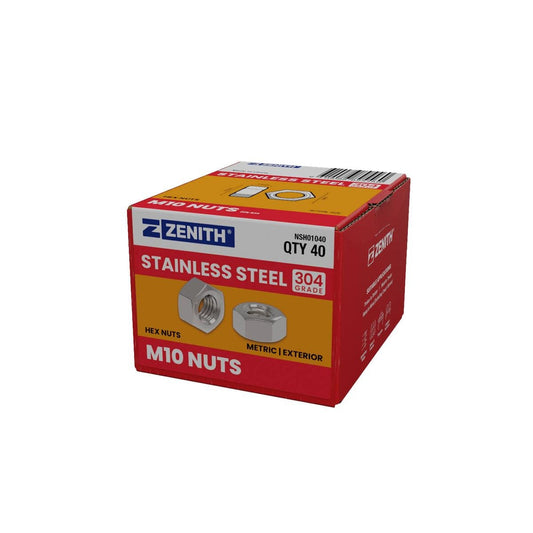 Zenith M10 Hex Nuts - Stainless Steel 304 Grade - 40 Pack - Durable