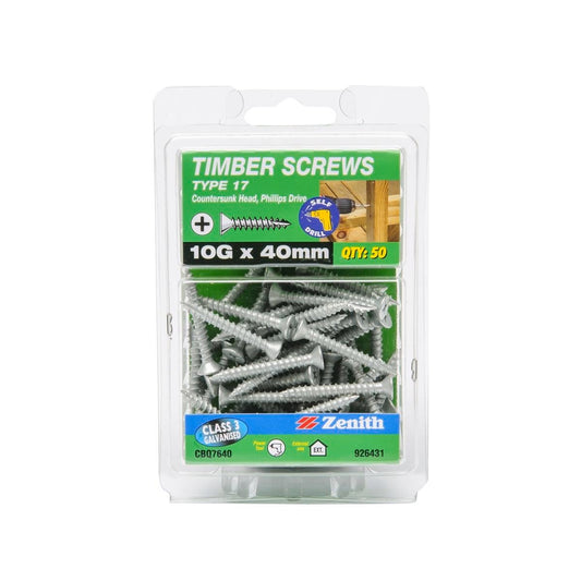 Zenith 10g x 40mm Galvanised Type 17 Countersunk Timber Screws - 50 Pack - Auzzistore