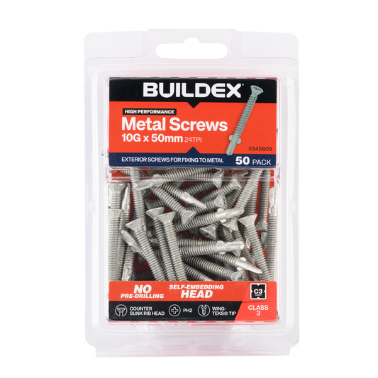 Buildex 10g x 50mm Sheet Metal Screws - Countersunk Rib Head - 50 Pack - Corrosion Resistant - Wing TEKS® Tip - Auzzistore