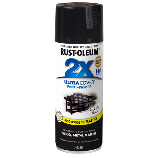 Rust-Oleum 2X Ultra Cover Gloss Black Spray Paint 340g Durable Finish - Auzzistore