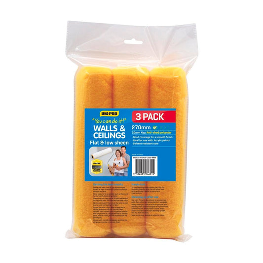 Uni Pro Paint Roller Cover 270mm 10mm Nap Polyester 3 Pack - Auzzistore