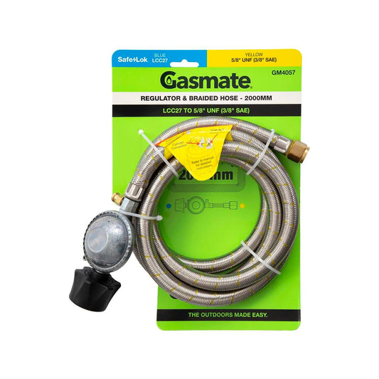 Gasmate Regulator Braided Hose 2000mm LCC27 to 5/8" UNF - Durable Gas Connection - Auzzistore