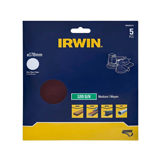 Irwin 178mm Quick Fit Random Orbital Sanding Discs 5 Pack - 120 Grit - Aluminium Oxide - Auzzistore