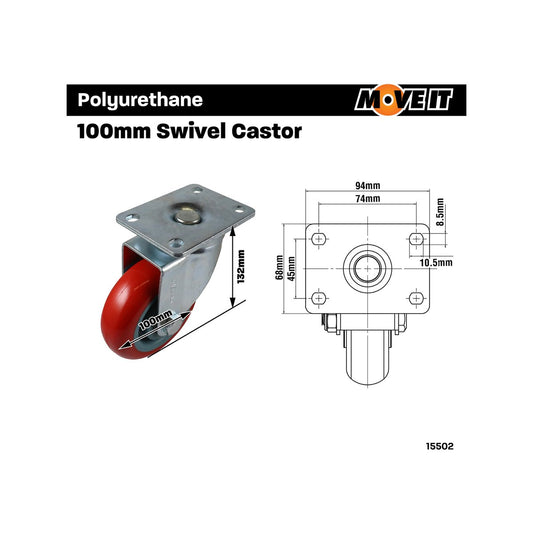 Move It Swivel Castor - 100mm - Polyurethane - 150kg Load Capacity – view 2 - Auzzistore