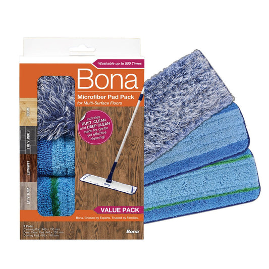 Bona Microfibre Pad Pack - 3 Pce - 142mm x 21mm x 68mm - Multi-Surface Cleaning