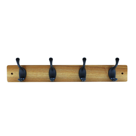 Adoored 4 Double Black Hook Pine Board Deco Hook Rack - 460mm - Natural Pine Finish