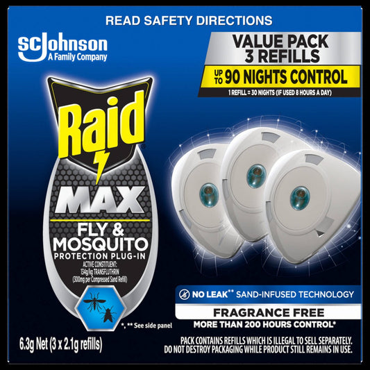 Raid Max Fly and Mosquito Electronic Refill 3 Pack - 3 x 30 mL - Indoor Use - Auzzistore