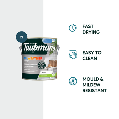 Taubmans 2L White Semi Gloss All Weather Exterior Paint - Mould Resistant - UV Protection