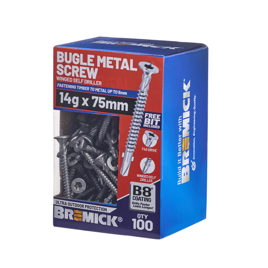 Bremick Metal Bugle Screw 14g x 75mm T40 B8 - Pack of 100 - Corrosion Resistant - Auzzistore