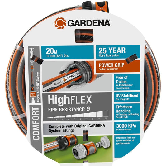 Gardena 19mm x 20m Highflex Fitted Garden Hose - PVC - Kink Resistant - Auzzistore