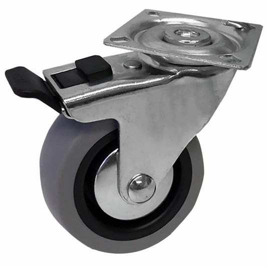 Easyroll 75mm Grey Rubber Swivel Plate Castor Plus Brake 55kg Load - Auzzistore