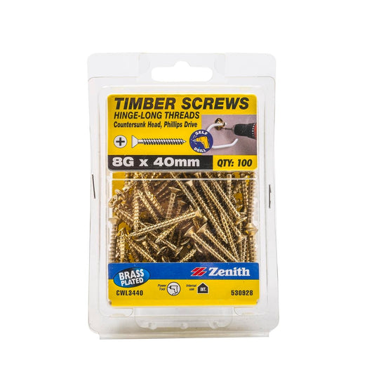 Zenith Timber Screws - 8g x 40mm - Brass Plated - 100 Pack - Countersunk Head