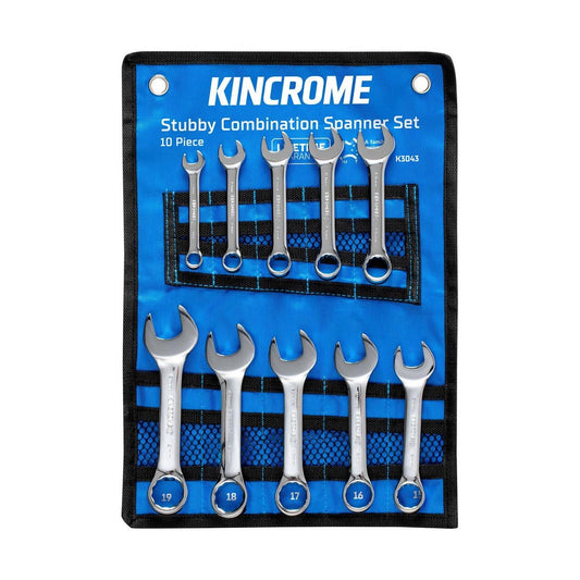Kincrome Stubby Combination Spanner Set - 10 Piece Metric - Chrome Vanadium Steel - Improved Access