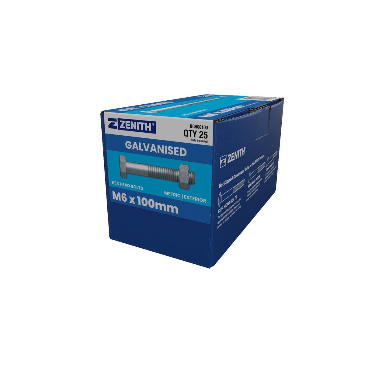 Zenith Hot Dip Galvanised Hex Head Bolts and Nuts M6 x 100mm 25 Pack