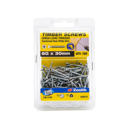 Zenith Timber Screws - 6g x 30mm - Zinc Plated - 100 Pack - Countersunk Head - Auzzistore