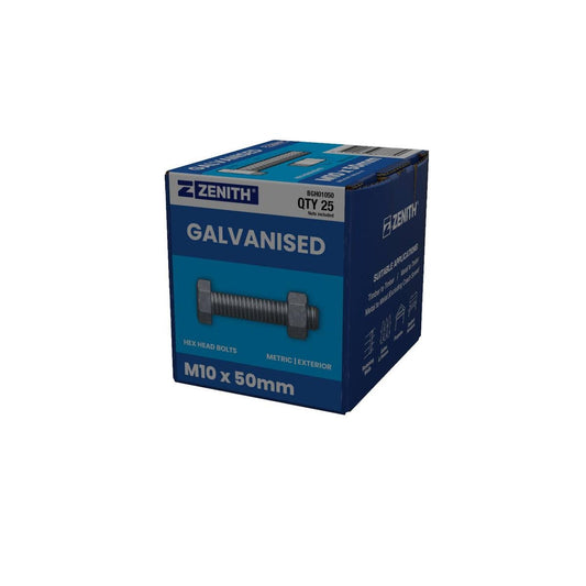 Zenith Hot Dip Galvanised Hex Head Bolts M10 x 50mm 25 Pack - Auzzistore