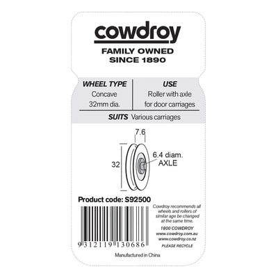 Cowdroy 32mm Replacement Roller - Delrin - Steel Bearing - 25kg Capacity