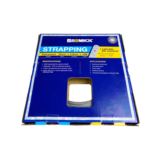 Bremick Galvanised Strapping - 25mm x 0.8mm x 15 Metres - G300 Steel - Pre-Punched - Auzzistore