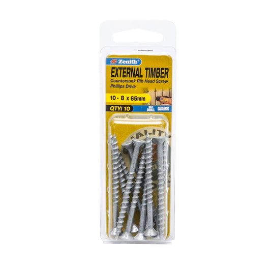 Zenith Timber Screws - 8mm x 65mm - 10 Pack - Galvanised - Self-Drilling