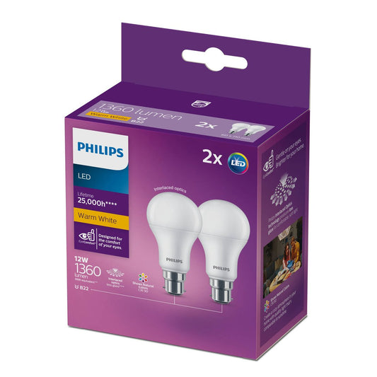 Philips A60 B22 LED Globe 12W 1360lm Warm White 2 Pack - 61mm x 109mm