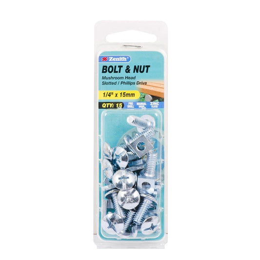 Zenith Mushroom Head Bolt - 1/4 x 15mm - 15 Pack - Zinc Plated - Internal Use - Auzzistore