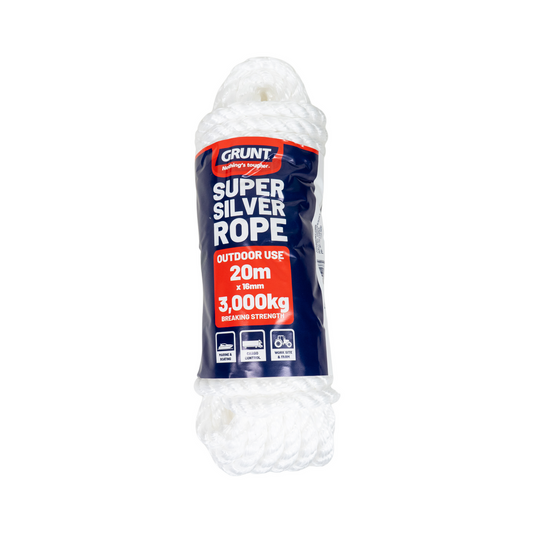 Grunt 16mm x 20m White Super Silver Rope - Polypropylene - Durable - Auzzistore