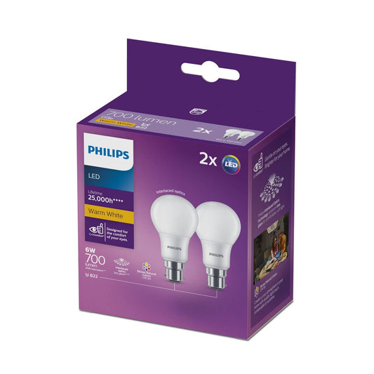 Philips A60 B22 LED Globe 700lm Warm White 6W 2 Pack - 61mm x 109mm