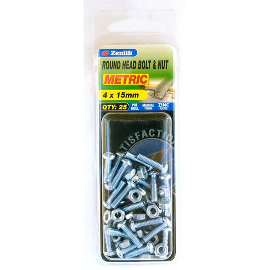 Zenith Zinc Plated Round Head Bolt and Nut 25 Pack - M4 x 15mm - Durable - Auzzistore