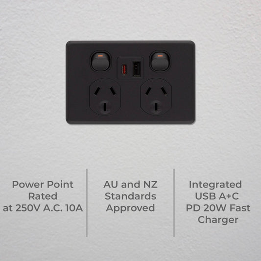 Deta x6 Double Power Point 50mm x 74mm x 115mm - Matte Black - USB A+C PD 20W Fast Charging – view 2 - Auzzistore