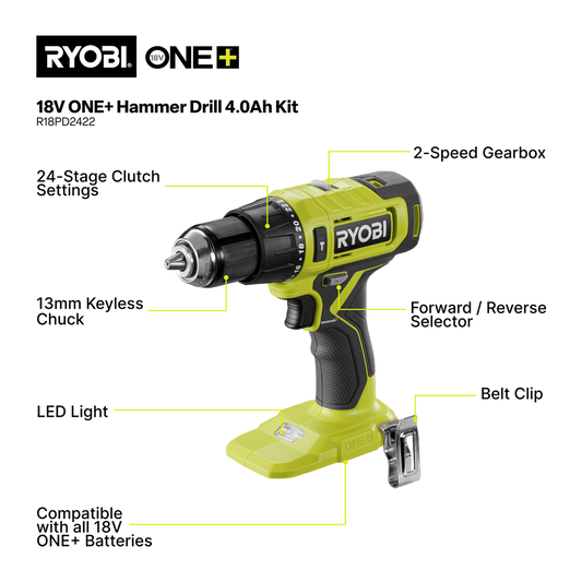 Ryobi 18V ONE+ Hammer Drill Kit - 2Ah & 4Ah Batteries - 13mm Chuck - 7-Piece Bit Set – view 2 - Auzzistore