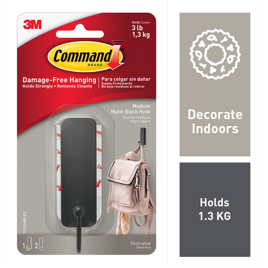 Command Medium Matte Black Single Hook 1 Pack - 24mm x 98mm x 30mm - 1.3kg – view 2
