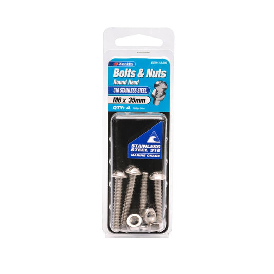 Zenith M6 x 35mm Round Head Bolt and Nut 4 Pack Stainless Steel Corrosion Resistant - Auzzistore